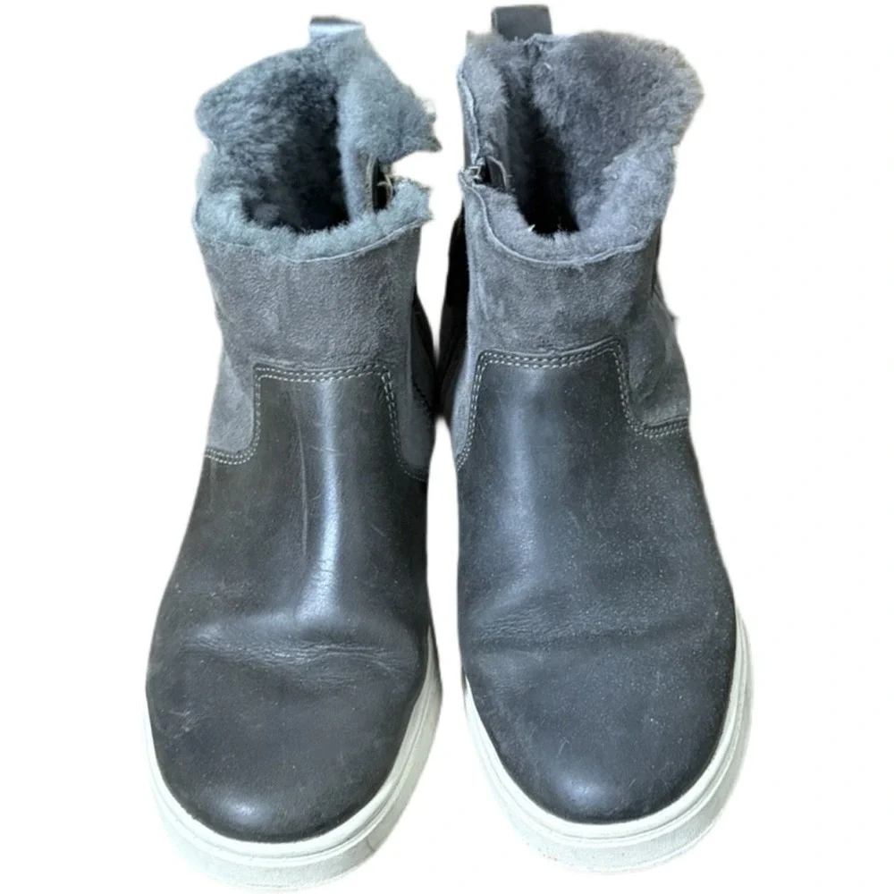 OLUKAI  WOOL SHEARLING LINED ANKLE BOOTIE BOOTS PEHUEA HULU SIZE 7 Black & Grey